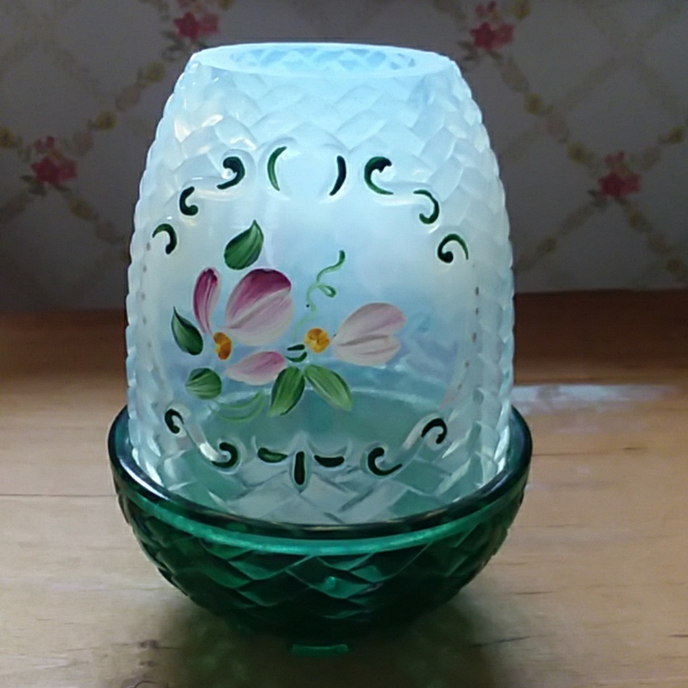 Fenton Hand-Painted White and Green Glass Candle Shade